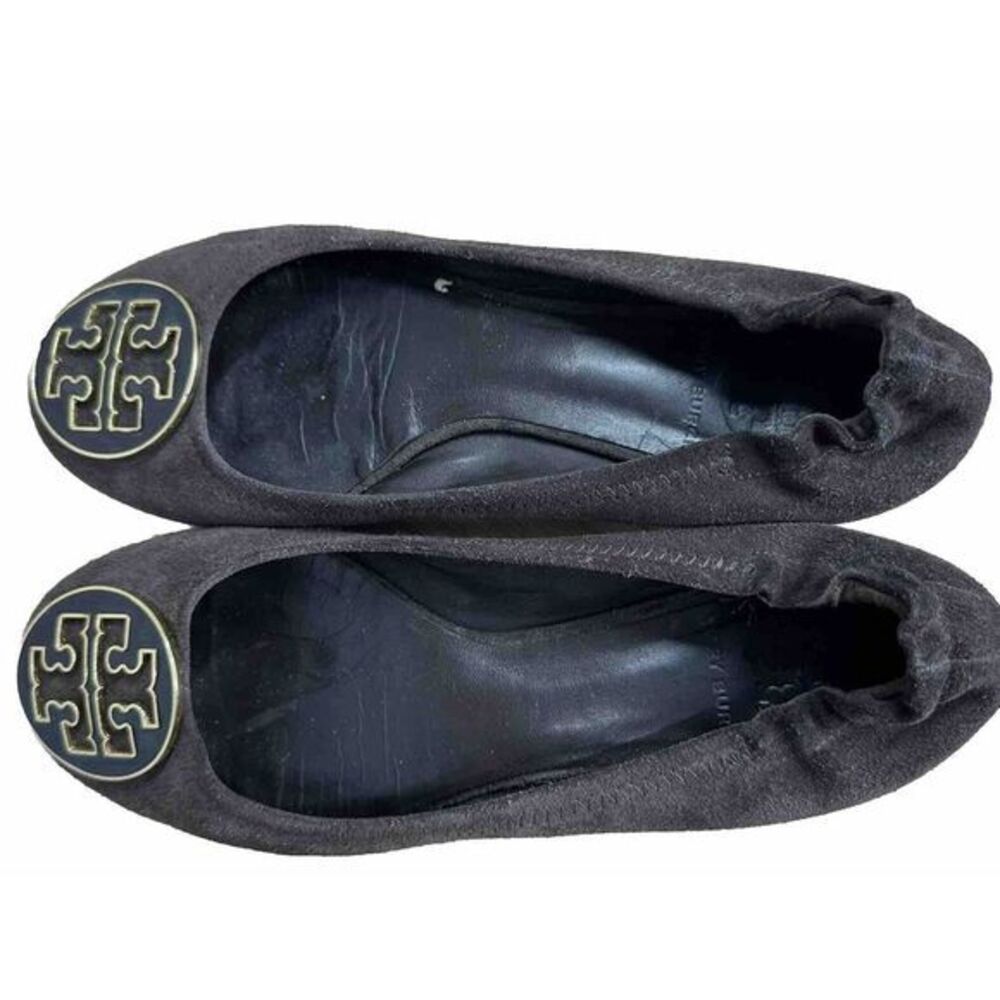 Tory Burch Reva Womens Size 8.5 Dark Brown Suede Slip On Ballet Flats Black Logo